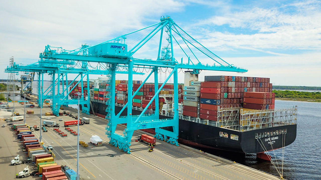 Pink container ship docks at JAXPORT