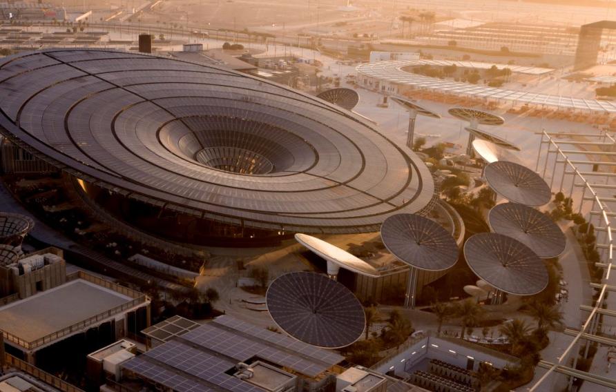 Aerial image of Terra, the Sustainability Pavilion at Expo 2020 Dubai