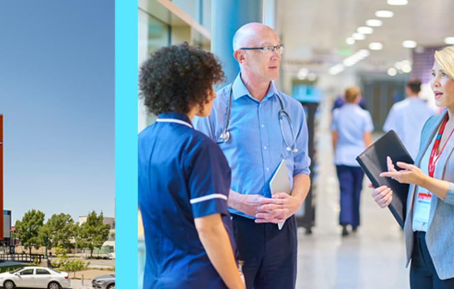 Collection of health related imagery including an orange hospital with full panel windows, doctor and nursing staff in scrubs and a fitness tracker on someone's arm