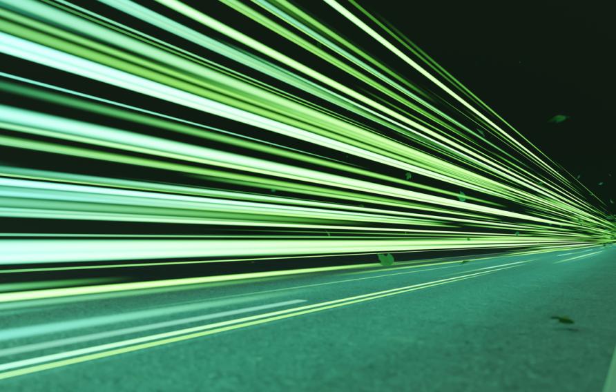 Green speed light trail on road with leaves, renewable energy highway transportation concept, clean eco power car street light at night, zero emission electric vehicle technology 3d rendering