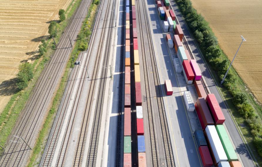 Aerial view of cargo containers and freight trains, Baden Wurttemberg, Germa