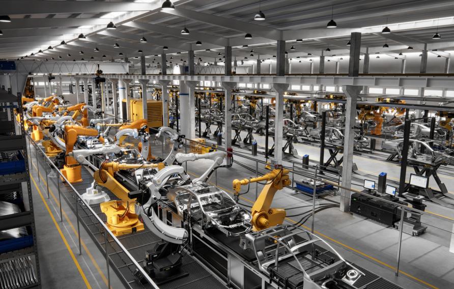 High angle view of cars on production line in factory. Many robottic arms doing welding on car metal body in manufacturing plant. Image in 3D render.