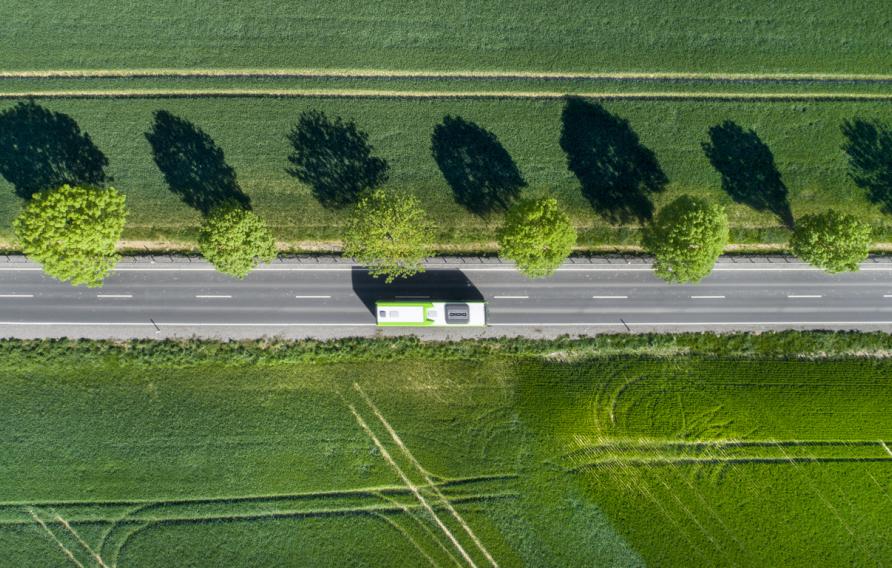 Road through agricultural area, aerial view