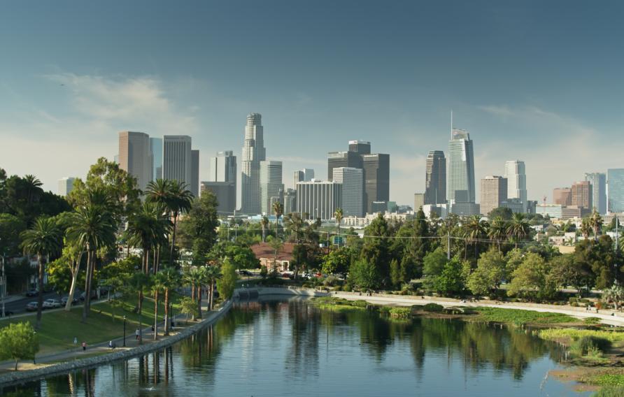 Aerial view of Echo Park Lake overlooking downtown Los Angeles, California.