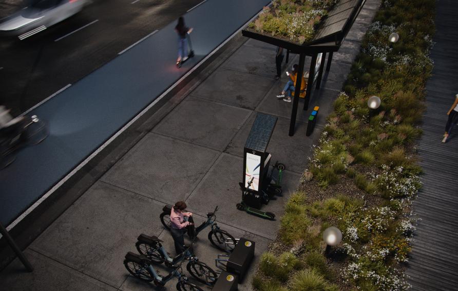 High angle view of a sustainable city at night, residents traveling with electric vehicles or public transport. All objects in the scene are 3D