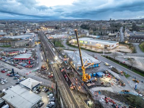 Aerial view of works on railway line during the day.