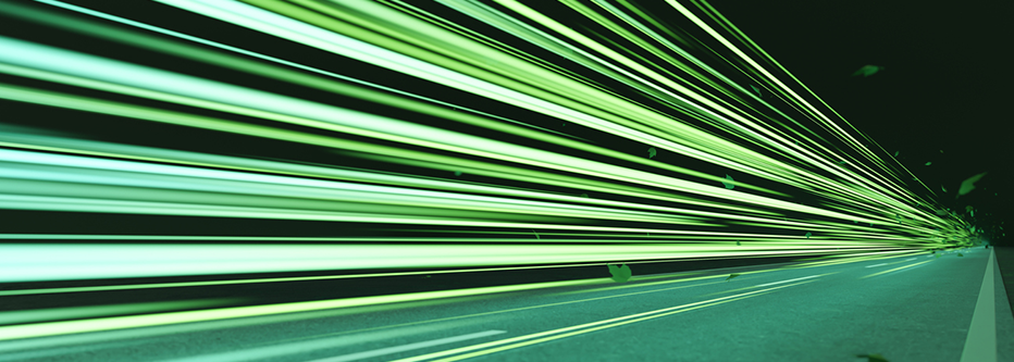 Green speed light trail on road with leaves, renewable energy highway transportation concept, clean eco power car street light at night, zero emission electric vehicle technology 3d rendering