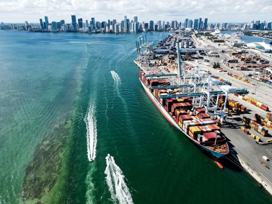 Port of Miami from above shot with a drone amongst a beautiful downtown and brickell backdrop