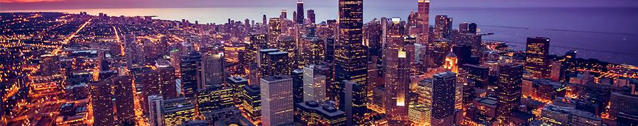 Chicago skyline aerial view at dusk, United States