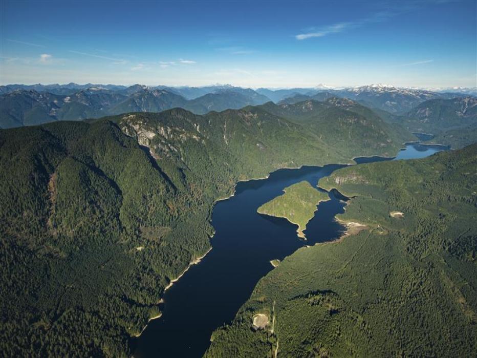 Stock aerial photo of the Coquitlam Lake Reservoir and mountains, Canada