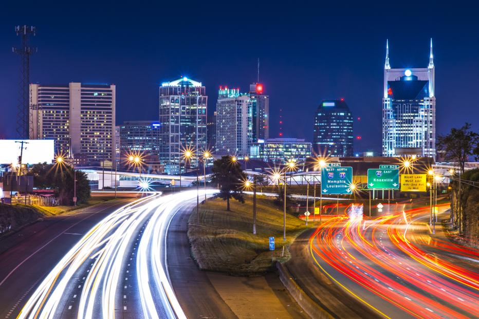 Downtown Nashville, Tennessee, USA at night